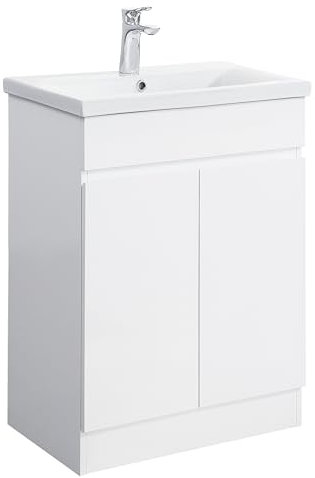 iBathUK Vanity Unit with Basin, Square Cabinet Ceramic Wash Basin for Bathroom Furniture with 2 Shelves and Doors- Gloss White (Flat Pack)