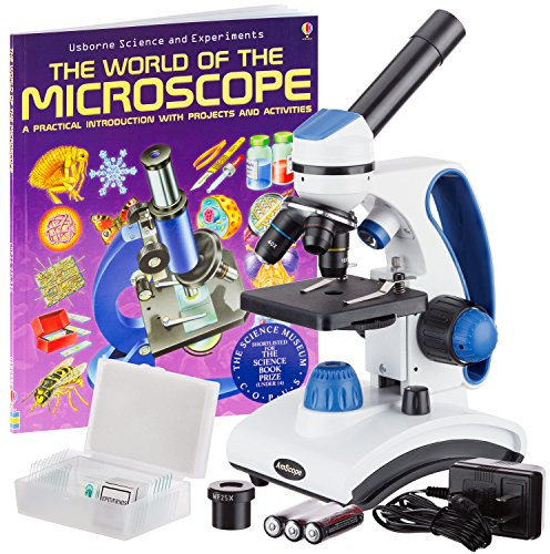 AmScope M162C-2L-PB10-WMAwarded 2018 Best Students and Kids Microscope Kit - 40X-1000X Dual Light All Metal Microscope with Slides and Microscope Book, Blue
