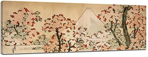 Bilderdepot24 Bild auf Leinwand | Katsushika Hokusai Blick auf den Fujijama mit blühenden Kirschbäumen in 120x40 cm als Wandbild | Wand-deko Dekoration Wohnung alte Meister | 180203-120x40