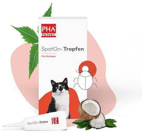 PHA Spot-On Tropfen für Katzen – Natürliches Flohmittel, Schutz gegen Flöhe, Zecken & Milben mit Neemöl & Laurinsäure, Zeckenschutz, Flohschutz, 2 Kunststofftuben à 1,5 ml