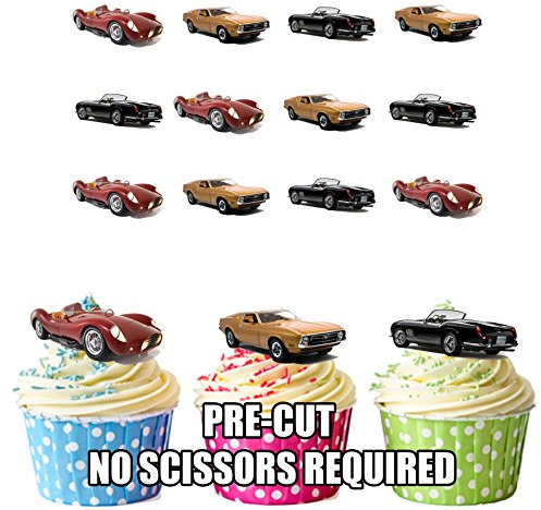 AK Giftshop Vintage Sports Car Mix Cake Decorations - 12 Edible Wafer Cup Cake Toppers