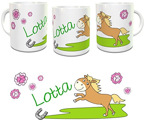 Kilala Namens-Tasse Pferd mit Wunschnamen Geschenkidee Mädchen Geburtstag Kinder-Becher Pony Hufeisen Reitverein Stall