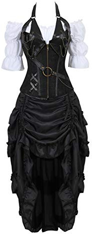 Grebrafan Steampunk Leather Corset with Pirate Skirt and Blouse 5XL Black