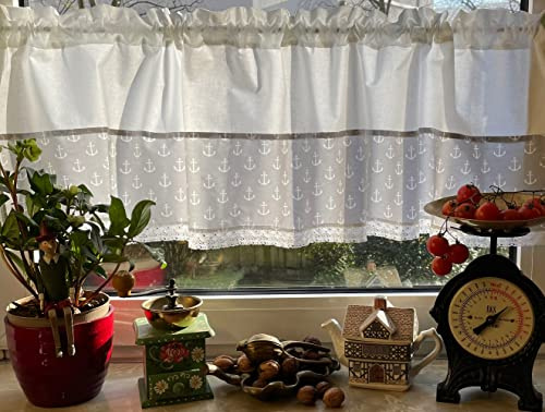Leinenshop24 Bistrogardine Kurzgardine Weiß mit Spitze Weiß Maritim Anker 100% Baumwolle 140 x 45 cm Landhaus Shabby Retro