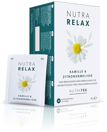 Nutra Tea NUTRARELAX, Schlaftee fördert den Einschlafvorgang, Entspannungs Tee für ein geistiges & körperliches Wohlbefinden, 20 wiederverwendbare Teebeutel, Nerventee mit Kamille & Zitronenmelisse