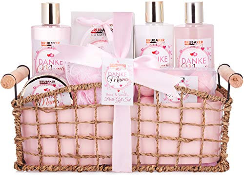 BRUBAKER Cosmetics - Danke Mama - 13-teiliges XXL Bade- und Dusch Set mit Rosen Vanille Duft - Geschenkset für die Mutter - Badeset in dekorativem Korb