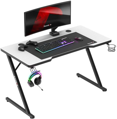 huzaro Hero 2.5 | Gaming Tisch PC Schreibtisch Computertisch Ergonomischer Bürotisch | Getränkehalter und Kopfhörerhalter | Homeoffice Arbeitszimmer Gamer | Carbon Tischplatte | 120 x 60 | Weiß