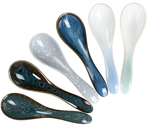 HOKELER Glasierte Keramik-Suppenlöffel, 14 cm, asiatischer Suppenlöffel, chinesischer Löffel, japanischer Löffel für Ramen Pho Nudeln Wonton, 6er-Set (6 Farben)