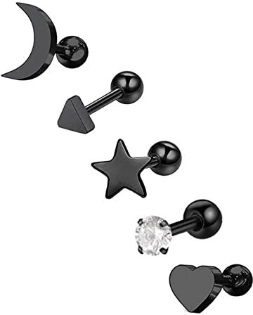Mesnt 5Stck Septum Ring Chirurgenstahl, 16G Septum RingeMond-Stern-Herz-Dreieck mit Zirkonia Schwarz Set 7