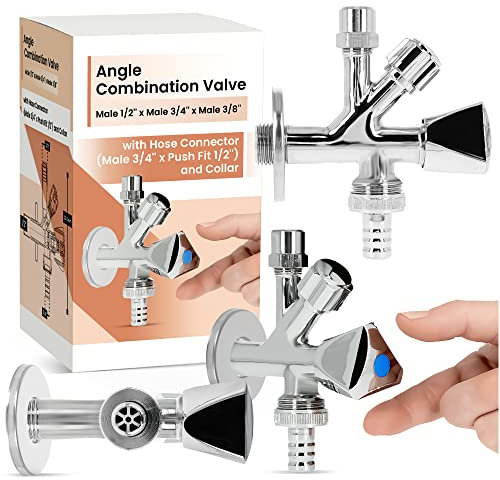 Valvola Angolare Combinata 1/2'' x 3/4'' x 3/8'' Rubinetto Sottolavabo Autosigillante Tubi dell'Acqua Fredda Calda Connessione Lavastoviglie Lavatrice Ottone Cromata
