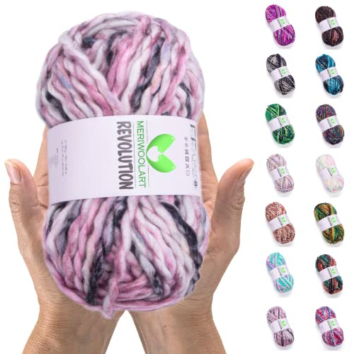 MeriWoolArt Merinoullgarn för Virkning och Stickning – Stickgarn – Merinoullgarn – 75 m Flerfärgat XXL Tjockt och Mjukt Garn – Voluminöst Garn för Tröjor, Koftor, Halsdukar
