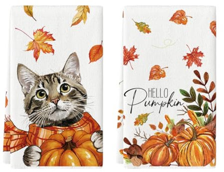 Artoid Mode Gatto grande foglie d'acero Ciao zucche autunno strofinacci da cucina, 42 x 65 cm, decorazione autunnale, set da 2 pezzi