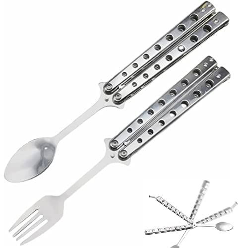 Gutecomuik Fjärilssked campingsked, fjärilsgaffel och sked set, 2 st hopfällbara redskap camping rostfritt stål redskap för kök BBQ camping resor utomhus