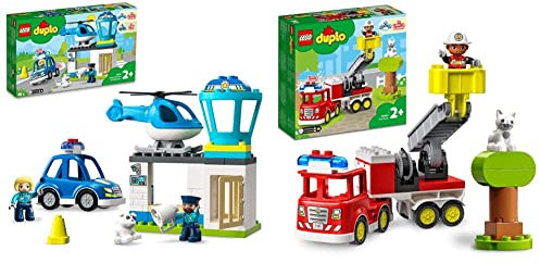 LEGO 10959 DUPLO Polizeistation mit Hubschrauber, Polizeiauto und Steine & 10969 DUPLO Town Feuerwehrauto Spielzeug