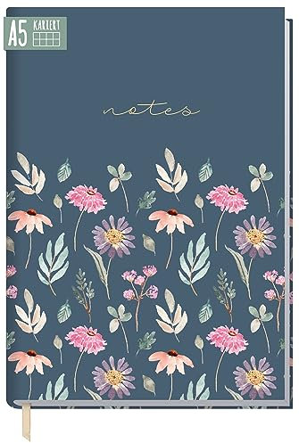 Notizbuch A5 kariert Flying Flowers von Trendstuff by Häfft - 124 Seiten, 62 Blatt - ideal als Tagebuch, Journal, Ideenbuch, Schreibheft - nachhaltig & klimafreundlich