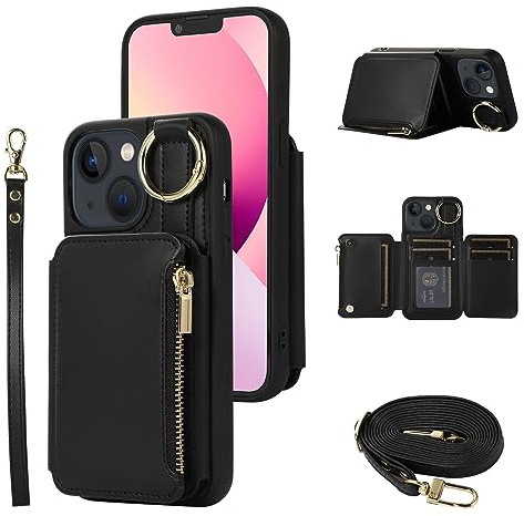 UEEBAI Crossbody Wallet Case for iPhone 13/iPhone 14 6.1 inch, Card Holder Flip Case Kickstand RFID Blocking Phone Case PU Leather Zipper Purse Wrist Strap Lanyard Folio Cover for Women - Black