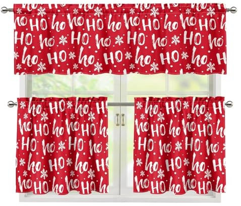 Suhoaziia Küchengardine Volant und Etagen Set Weihnachten HoHo Fensterbehandlung 3 Stück Stangentasche Volant Set für kleine Fenster Schlafzimmer