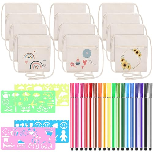 Halinuia 12 Stück Stoffbeutel zum Bemalen für Kinder DIY Umhängegeldbeutel | Kleine Schultertaschen mit 18 Buntstift und 4 DIY Malschablonen, Brustbeutel für Schule, Party, Feier, Geschenk