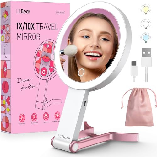 LitBear Travel Makeup Mirror With Lights, Rechargeable Double Sided 10X/1X Magnifying, Portable Lighted Beauty, 3 Color Lighting, Dimmable Touch Screen, Tabletop Handhold Hanging (White)