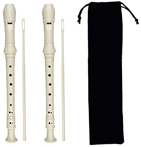 Kasteco 2 Pack German Style 8 Hole-3 Piece Descant Soprano Recorders with Cleaning Rod, Black Storage Bag, ABS Material (Ivory White)