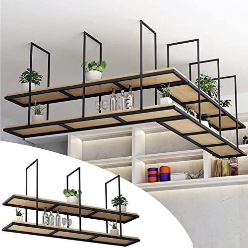 Deckenregal – 2-stufiges Weinregal zum Aufhängen an der Decke, an der Decke montiertes Aufbewahrungsregal aus massivem Holz, an der Wand montiertes Pflanzenregal aus Schmiedeeisen, Ausstellu