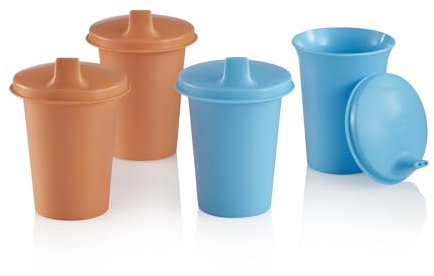Tupperware Set mit Glöckchen und Trinkverschluss, 4 Stück, spülmaschinenfest und BPA-frei (4 Trinkgläser, 4 Deckel, je 207 ml)