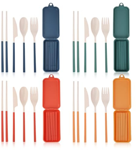 DIYJEP 4 Sets Foldable Travel Cutlery Set with Case, Portable Camping Cutlery, Reusable Plastic Spoon Fork Knife Chopsticks Tableware for Travel School Office Outdoor (Green, Blue, Orange, Yellow)