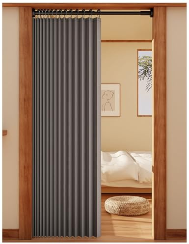 APMOE Türvorhang mit Teleskopstange, Ohne Bohren Türvorhang Kälteschutz, Raumteiler Vorhang Schallschutz Falttüren Innentüren(Grau,Rod 80-100cm/curtain 100x200cm)