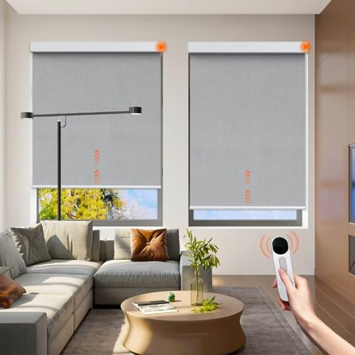Youngoo Motorized Blinds with Remote, 100% Blackout Roller Shades, Cordless electirc Blinds for Indoor Windows, Customized Electric Window Shades Work with Remote only, White 34W X 72H
