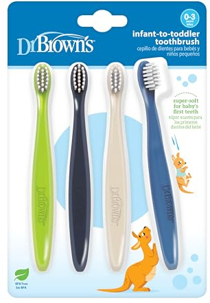 Dr. Brown's Infant-to-Toddler Zahnbürsten-Set, weiche & sanfte Handzahnbürsten für Baby, Grün/Dunkelblau/Ecru/Blau, BPA-frei, 0-3 Jahre, 4er-Pack