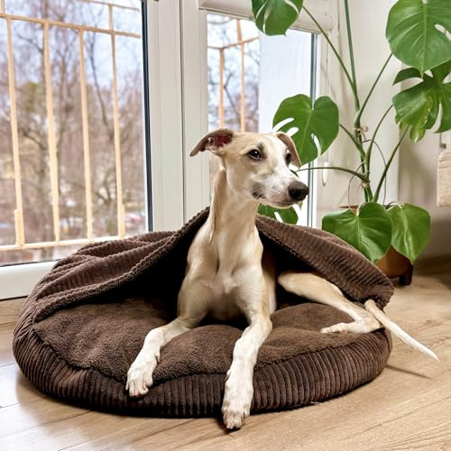 4L Textil Vigo Hundebett mit Kapuze Hundehöhle Hundedecke Hundekorb mit Kapuze Hundeschlafsack Hundekörbchen Cord Hundekissen mittelgroße Hunde mit Decke (Dunkelbraun, L 90 x B 90 x H 12 cm)