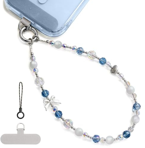 abitku Phone Charm, Pearl Crystal Beaded Wrist Strap for Women, Hands-free, Drop-proof and Anti-theft, Detachable, with Tether Tab & Black Lanyard Strap
