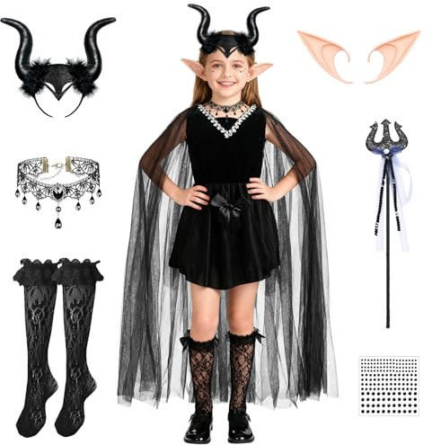 GEEKEO Costume di Halloween Bambina, Costume da Malefica Nero, Vestito da Regina Strega Cattiva Halloween Ragazze con Capo Copricapo Malefica Costume Cosplay per Halloween Carnevale Festa (6-7 anni)