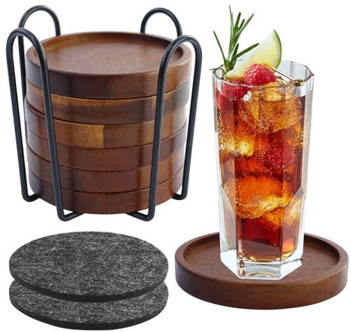 Lot de 6 dessous de verre ronds en bois d'acacia avec 2 dessous de verre en feutre pour boissons, dessous de verre en bois d'acacia pour table basse