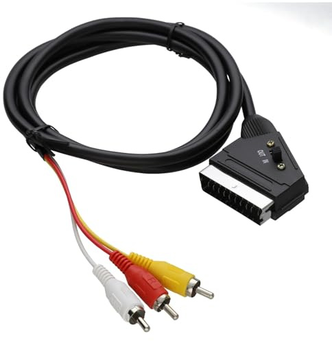kenable SCART to RCA Cable Bidirectional Composite AV Lead with 3 Phono Plugs Red White Yellow Switchable Input Output 1.5m Black