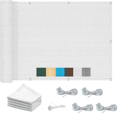 Tenda da sole in tela resistente alle intemperie, 1,4 x 7,5 m, traspirante, in HDPE, con occhielli, rettangolare, per balcone e giardino, corda inclusa, colore bianco