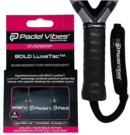 Padel Vibes® BOLD LuxeTac™ Overgrip | Ultra Tacky, Sweat-Absorbing, Luxurious Leather-Like Feel | Durable Overgrip Tape for Padel, Tennis, Squash, Badminton, and Pickleball Rackets (Black | 3-Pack)