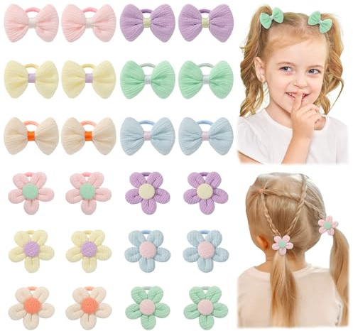 24 Stück 1 Zoll baby haargummi mit Blumen und Bögen Süßigkeiten Farben Elastische Scrunchies Nahtlose Pferdeschwanz Halter für Kinder Kleinkinder Kleine Mädchen feines Haare, rosa, lila, blau,gelb