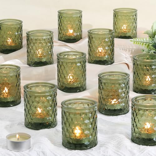 LETINE 12 portavelas de té, portavelas de cristal, vasos de vela verdes duraderos y de alta calidad, 6,7 x 5,5 cm, aptos para fiestas, festivales, bodas, decoración del hogar