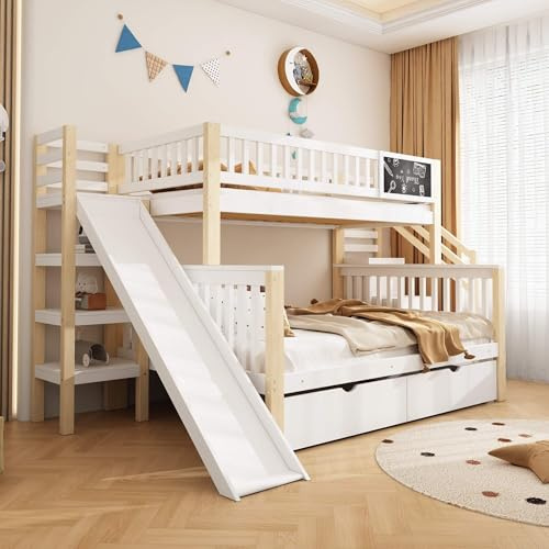 MQGPM Litera de 90 x 200 y 140 x 200 cm con tobogán y escalera de almacenamiento, litera para niños con cajones y tablero, marco de cama con somier y protección anticaídas, color blanco
