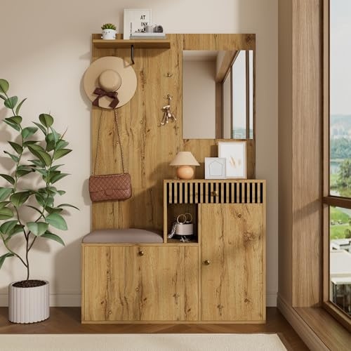 HAUSPROFI Garderobe Set, Flur Garderoben Komplettprogramme mit Spiegel Schuhschrank Sitzbank, Wandgarderobe mit Ablage, Schlafzimmer Garderobenset für Flur (Holz, 185.5x110x37cm)