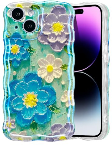 EYZUTAK Telefonskal för iPhone 15, färgglad vintage oljemålning blomma glänsande telefonfodral lockigt vågram TPU-fodral slitstarkt ränder skyddsfodral - blå lila