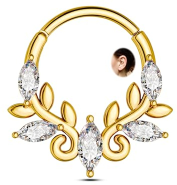 CM Crareesi Mania Septum Ring 16G Daith Piercing Schmuck 316L Chirurgischer Stahl Helix Ring Silber Gold Knorpel Ohrringe Ring Klarer CZ Blatt Septum Daith Clicker Piercing Schmuck für Frauen 8 10 mm