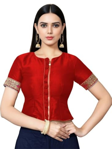 Elina fashion Women's Red Banglori Silk Blouse with Embroidered Sleeves Traditional Blouse for Saree Lehenga(L-40_Red)
