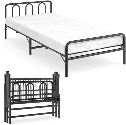 COSTWAY Cama Plegable con Colchón, 200 x 90 cm, Somier Plegable con Cabecero y Piecero, Espuma Viscoelástica y Marco Metálico, Cama Individual para Invitados, Dormitorio