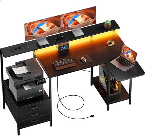 SOLAVERO Escritorio Esquinero con Bandeja Plegable, 140 x 50 cm Escritorio Gaming en L con Enchufes & USB-C, Mesa Ordenador con Cajones de Tela, Mesa Oficina con Soporte para Monitor, Negro