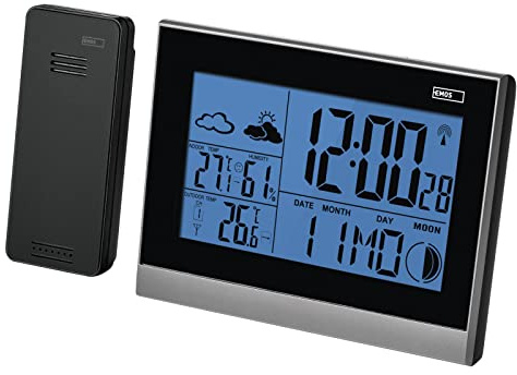 EMOS Funk-Wetterstation mit Außensensor, batteriebetrieben, LED-Display-Anzeige mit Uhr, Temperatur, Thermometer, Hygrometer, Wecker, Kalender, Datum