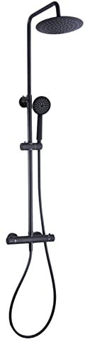 Columna de ducha termostática DERVEN | acabado negro mate | rociador redondo + teleducha con barra | diseño moderno y funcional | EUROSANIT