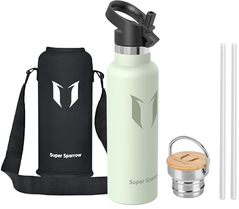 Super Sparrow Water Bottle Stainless Steel - 620ml - Insulated Metal Water Bottles - Standard Mouth Flask - BPA Free - Straw Bottle for Work, Gym, Sports - 2 Lids