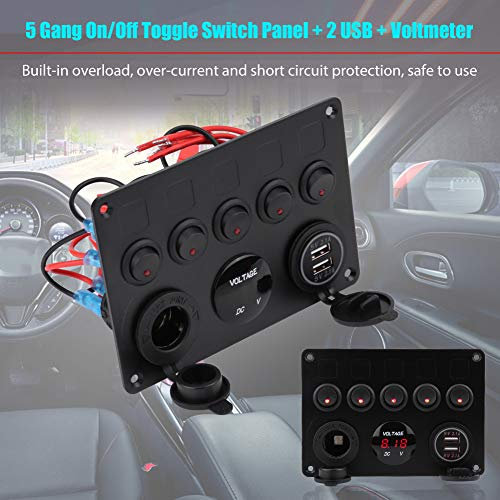 Kippschalter, 12-24V 5 Gang On/Off Kippschalter Panel Dual USB Voltmeter für Auto Boot Marine Truck(Rotes Licht)